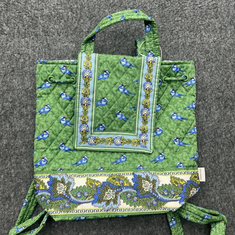 Vera Bradley Original Drawstring Backpack Green Birds
